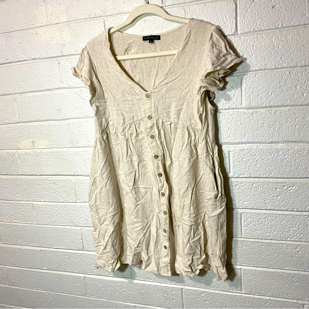 Linen Blend Mini Dress False Button Ruffle Cap Butterfly Sleeve V Neck Summer